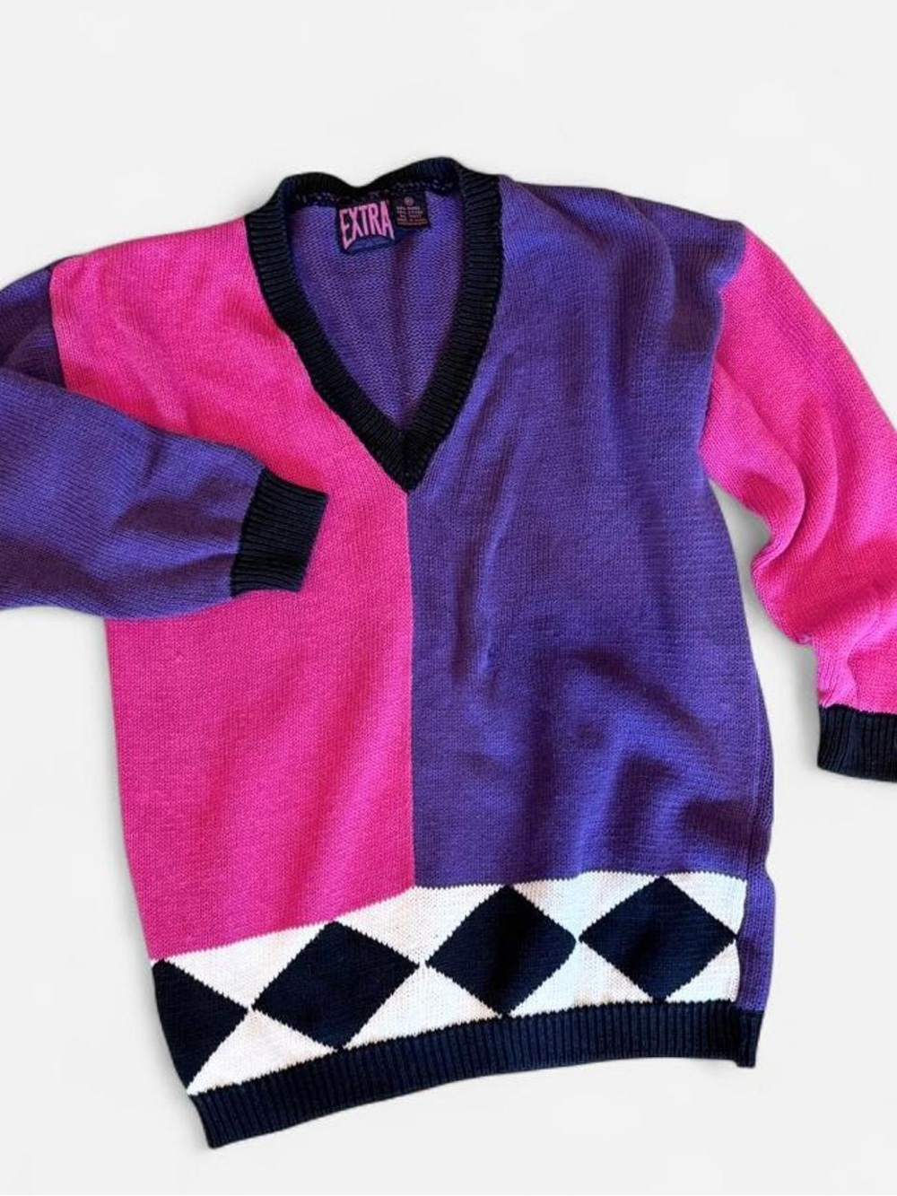 Vintage EXTRA XS (roomy) Pink Purple Colorblock Argyle V-Neck Sweater